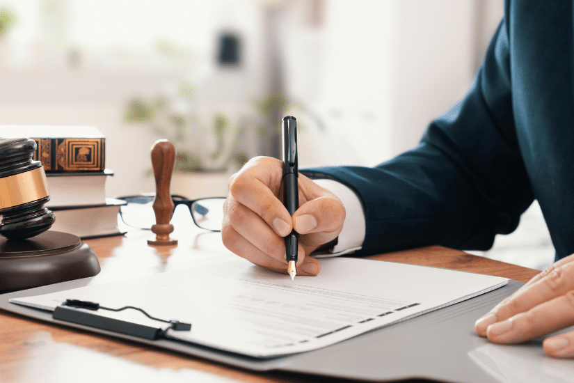 Legal employee working in the office signing documents.
