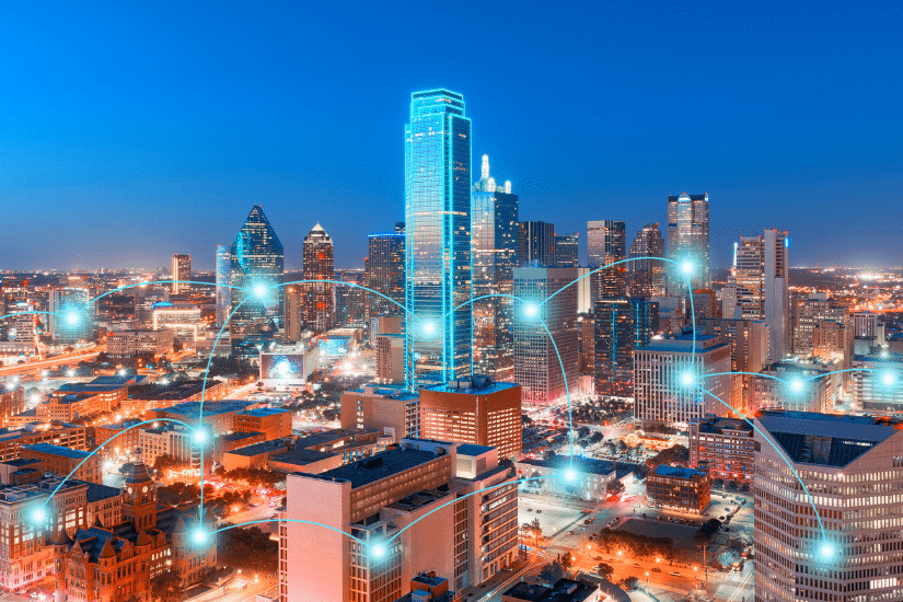 Network and Connection Technology Concept of Skyscrapers, City of Dallas, Texas, USA.